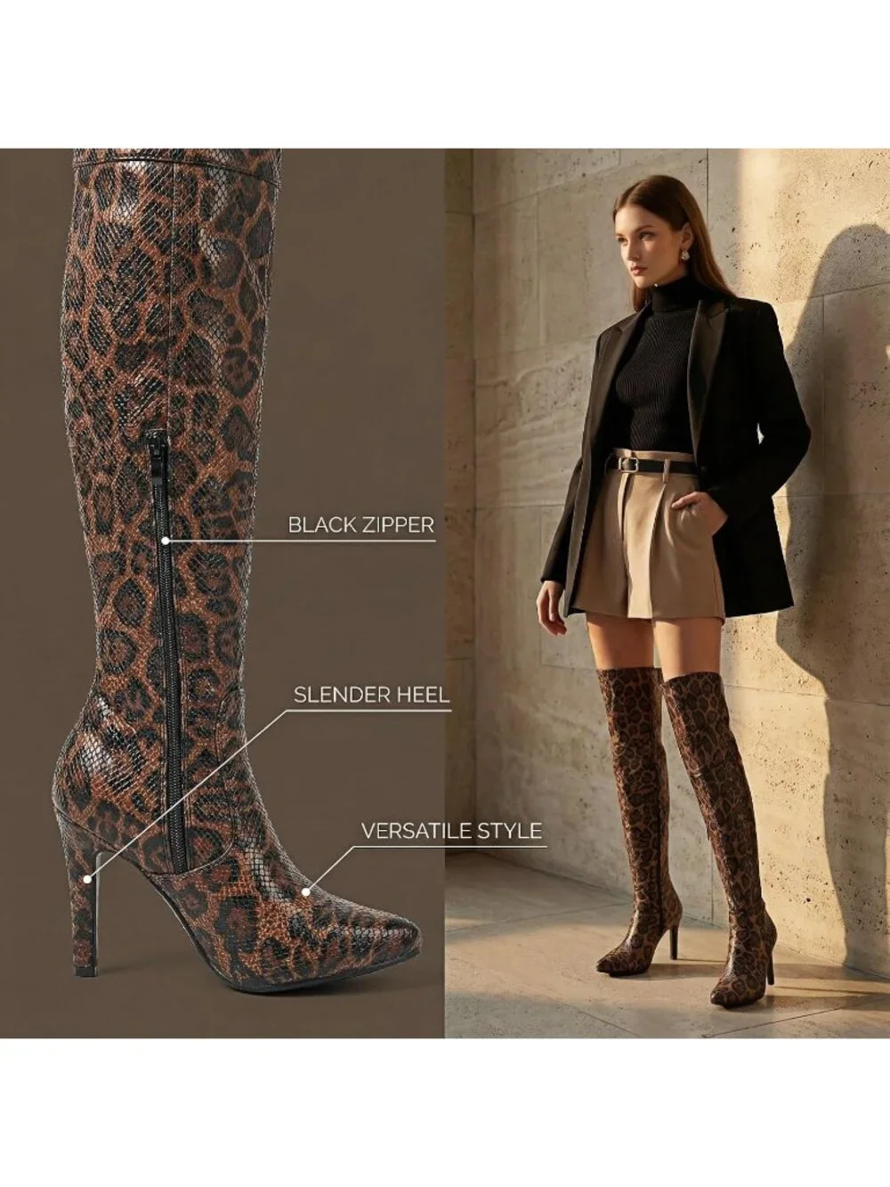 Women's Brown Pointed Toe Chunky Heel Side Zipper Over The Knee High Boots